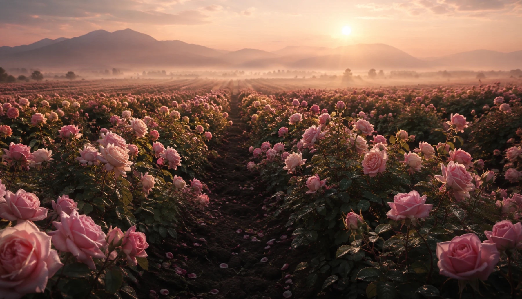 Editorial visualization of pink Rosa damascena rose gardens at dawn in Isparta